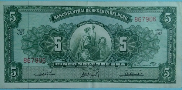 ¡Gran Oportunidad! Vendo Billetes de Perú, 5 Soles de Oro, VF; 1963