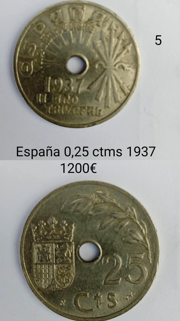 Moneda muy especial 25cts España 1937