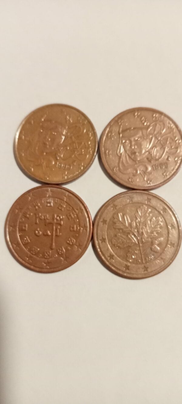 monedas de 5 centimos euro,AUSTRIA 2002,FRANCIA 1999 ,PORTUGAL   2002 Y de 20 centimos de ALEMANIA 2002 .      2002 Y      2002.