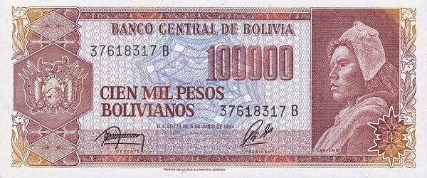 10 centavos boliviano (Surcharge sur 100 000 bolivianos P#171)