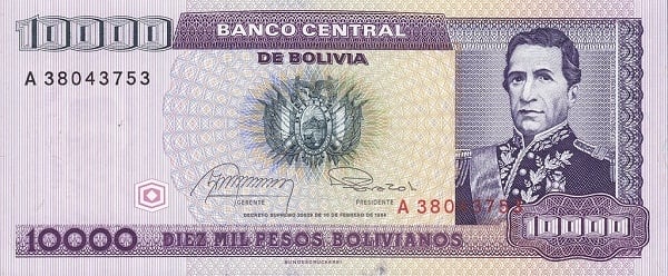 1 cent boliviano (surimpression sur le billet de 10 000 boliviano P#169)