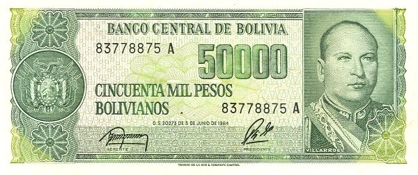 5 centavos boliviano (surimpression sur le billet de 50000 bolivianos P#170)