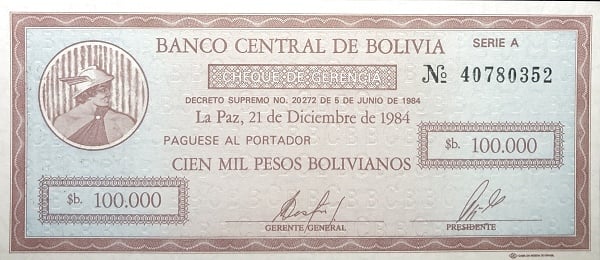 10 centavos boliviano (surimpression sur le billet de 100 000 bolivianos P#188)