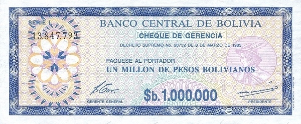 1 boliviano (surimpression sur le billet de 1000000 bolivianos P#192c)