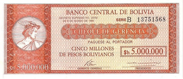 5 bolivianos (Surimpression sur 5000000 bolivianos P#192a)