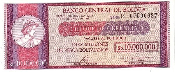 10 bolivianos (surcharge sur le billet de 10000000 bolivianos P#192b)