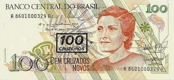 100 cruzeiros (surimprimé sur 100 cruzados novos P#220)