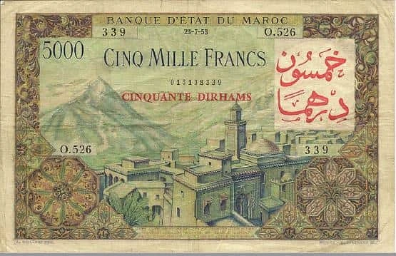 50 dirhams (surimprimé en 5000 francs)