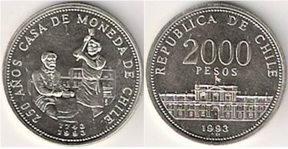 2.000 pesos (250 ans d'existence de la Monnaie du Chili)