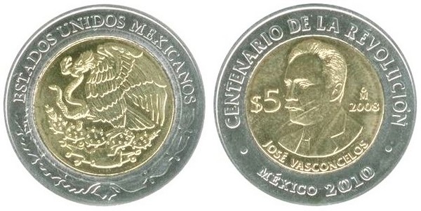 5 pesos (Centenaire de la révolution - José Vasconcelos)