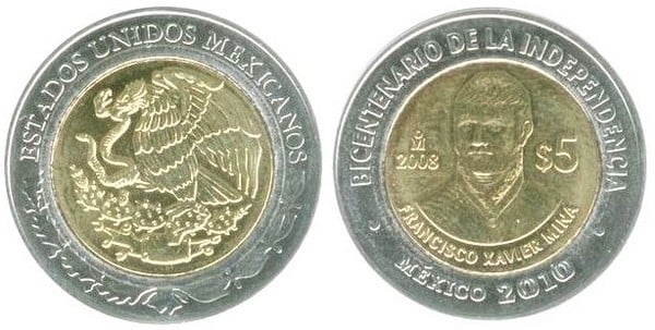 5 pesos (Bicentenaire de l'indépendance-Francisco Xavier Mina)