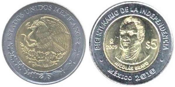 5 pesos (Bicentenaire de l'indépendance-Nicolás Bravo)