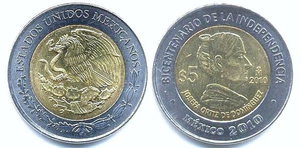 5 pesos (Bicentenaire de l'indépendance-Josefa Ortíz de Domínguez)