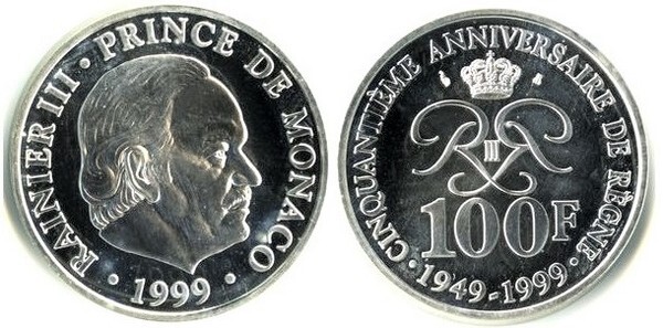 100 francos (50 ans de règne de Rainier III)