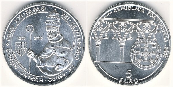 5 euro (VIII Centenaire de Pierre Hispano-Pape Jean XXI)