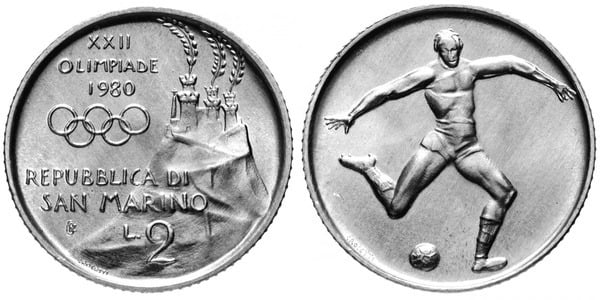 2 lire (XXII Olimpiada Moscú-1980 - Fútbol)